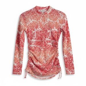 Cabana Life Rash Guard Swim Shirt Pink Red Paisley Print Mock Neck Ruched Size S